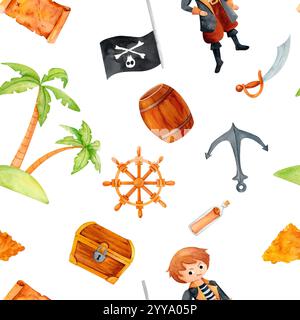 Un garçon pirate ludique avec équipement nautique : coffre de butin, ancre lourde, roue de navire classique, et Jolly Roger. Ce motif aquarelle fonctionne bien pour invi Banque D'Images