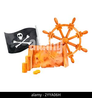 Une carte au trésor, le drapeau Jolly Roger et une roue de navire, capturant l'essence de l'aventure en haute mer. Illustration aquarelle pour décorati sur le thème nautique Banque D'Images