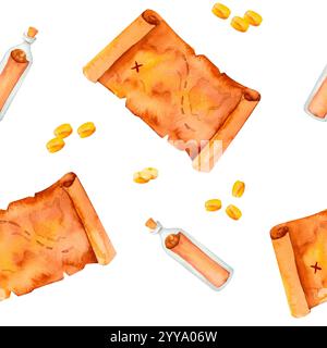 Carte vintage, bouteille contenant le message, et pièces d'or scintillantes forment un motif de recherche de trésor. Cette illustration aquarelle pour pirate-thème même Banque D'Images