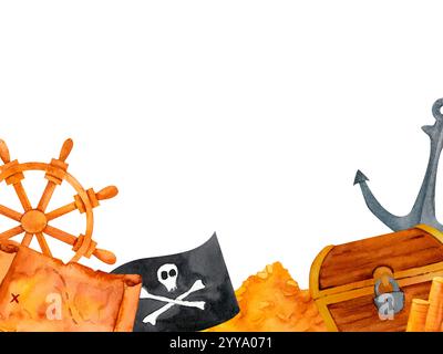 Carte au trésor, roue de bateau, drapeau de Jolly Roger, ancre, et richesses étincelantes, capturer l'essence de l'aventure maritime. Cette conception aquarelle colorée Banque D'Images