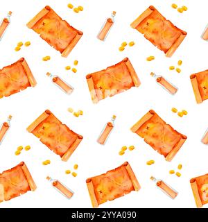 Une carte classique, une bouteille avec un message et des pièces chatoyantes se réunissent dans un design rempli de trésors. Ce motif aquarelle pour les aventures des pirates, Banque D'Images