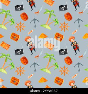 Garçon pirate avec des trésors maritimes un coffre d'or, ancre, barre, et un drapeau Jolly Roger audacieux. Motif aquarelle idéal pour les fournitures de fête, textiles, Banque D'Images