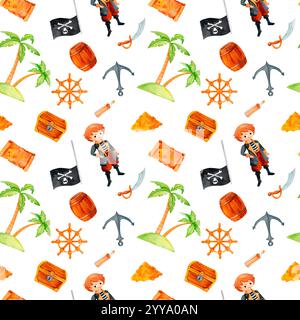 Un garçon pirate entouré d'objets nautiques : coffre au trésor, ancre, roue du navire, et l'emblématique Jolly Roger. Ce motif aquarelle convient au thème de fête Banque D'Images