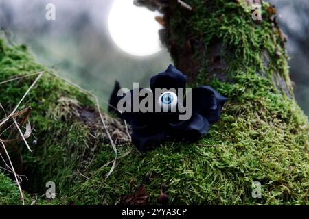 Une rose noire sur une branche moussue. Une pleine lune. Banque D'Images