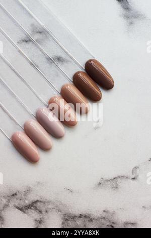 Palette de vernis à ongles beiges colorés vue de dessus pour manucure sur fond clair. Collection d'échantillons de vernis de couleur pour ongles. Roue pour ongles. Copier Banque D'Images