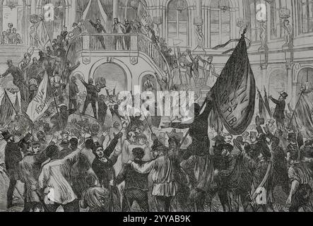 Histoire de France. Le dimanche 4 septembre 1870, Léon Gambetta (1838-1882), membre du gouvernement de la Défense nationale, proclame la IIIe République française sur la place de l'Hôtel-de-ville à Paris, suite à la chute du second Empire après la défaite de Sedan, la prise de Napoléon III et la clameur du peuple parisien et des républicains. Proclamation de la République française à Paris. Gravure de Ribas. Historia de la Guerra de Francia y Prusia (histoire de la guerre entre la France et la Prusse). Volume I. publié à Barcelone, 1870. Banque D'Images