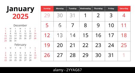calendrier du 2025 janvier. Vecteur anglais mensuel. Mois d'hiver. Design avec début de dimanche Illustration de Vecteur