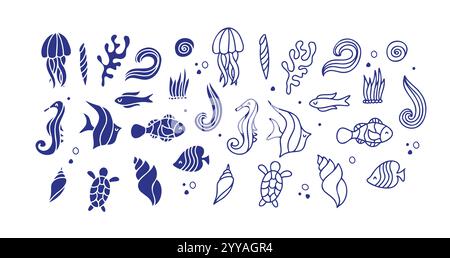 Ensemble d'animaux sous-marins. vie sous-marine. Contour vectoriel et silhouette Illustration de Vecteur