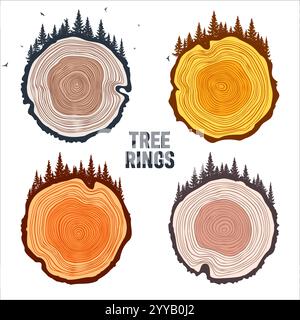 Tronc d'arbre rond coupé avec des arbres, de la forêt et des oiseaux. Tranches de pin scié ou de chêne, bois d'œuvre. Scier bois coupé, bois. Texture en bois brun avec anneaux d'arbre. Main Illustration de Vecteur
