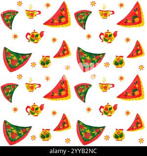 Motif sans couture lumineux pour les vacances Maslenitsa. Foulards, ornement, tissu, motif, fleurs, dim. Illustration aquarelle dessinée à la main dans le dessin animé Banque D'Images