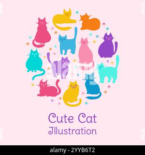 Affiche colorée enfantine mignonne chaton. Silhouette de chats dessinée à la main. Conception moderne drôle d'affiche d'animal de compagnie pour enfants. Chats cartes postales dans différentes poses. Illustration vectorielle de personnage de dessin de mammifère Illustration de Vecteur