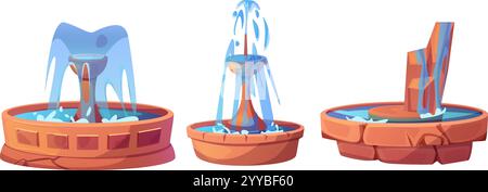 Fontaines ensemble isolé sur fond blanc. Illustration vectorielle de dessins animés d'éléments de conception de paysage de ville, bassin en pierre rond avec des gicleurs d'eau, pu Illustration de Vecteur