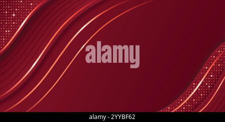Fond de luxe rouge avec des lignes dorées courbes et un motif de points lumineux. Vagues dégradées Bordeaux foncé décorées avec des accents chatoyants. Prix élégant Illustration de Vecteur