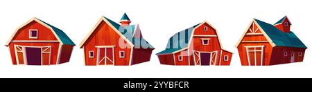 Granges en bois rouge ensemble isolé sur fond blanc. Illustration vectorielle de dessins animés de maisons de ferme rurales avec des toits et des portes bleus, ancienne écurie, bâtiment fo Illustration de Vecteur