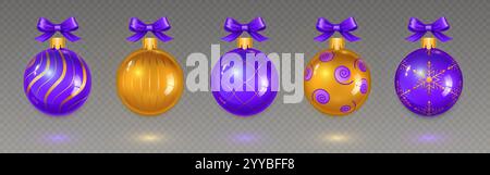 Ensemble de boules 3D or et violet - boules métalliques festives avec des motifs décoratifs de tourbillons, rayures, flocons de neige, lignes géométriques et spirales. Noël Illustration de Vecteur