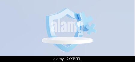 Affichage minimaliste de soins de santé 3D avec podium de produit blanc rond et bouclier bleu clair et décoration de signes de croix médicale. Fond pastel pour Heal Illustration de Vecteur