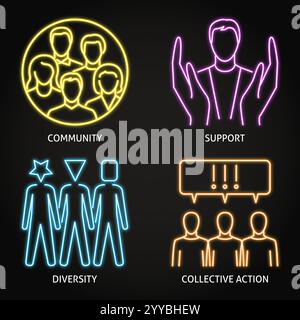 Jeu d'icônes de néon de communauté. Travail d'équipe et coopération, soutien, action collective, tolérance. Illustration vectorielle Illustration de Vecteur