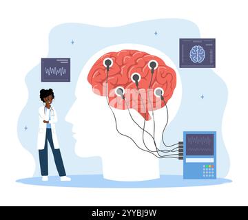 Concept neurologue. Femme africaine en uniforme médical examiner le cerveau humain. L'électroencéphalographie. Cerveau connecté à l'écran avec indication EEG Illustration de Vecteur