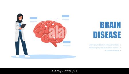 Concept de maladie cérébrale. Une femme islamique en uniforme médical examine un organe énorme. La thérapeutique neurologique. Illustration vectorielle dans le style de dessin animé plat Illustration de Vecteur