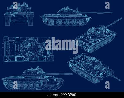 Illustration vectorielle d'un ensemble de char militaire détaillé, d'un contour de transporteur de troupes blindé de l'armée, et d'une icône de char de bataille. Illustration de Vecteur