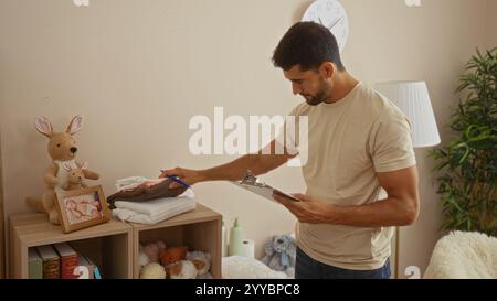 Jeune homme organisant des jouets dans le salon avec presse-papiers, entouré d'animaux en peluche et photo encadrée sur une étagère. Banque D'Images