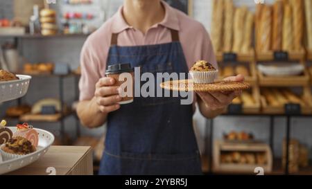 Jeune homme dans la boulangerie tenant du café et des muffins portant un tablier à l'intérieur suggérant qu'il est un travailleur entouré d'étagères remplies de divers produits de boulangerie Banque D'Images