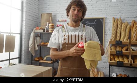 Jeune homme dans une boulangerie essuyant une tasse tout en portant un tablier avec des étagères de pain et de pâtisseries en arrière-plan Banque D'Images