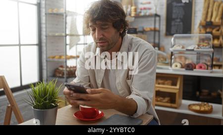 Jeune homme assis à l'intérieur dans une boulangerie à l'aide d'un smartphone avec une tasse à café sur la table, entouré de pâtisseries et d'une plante, créant un environnement confortable et concentré Banque D'Images