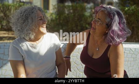 Deux femmes âgées avec des coiffures bouclées assis ensemble et riant dans un cadre intérieur, suggérant une conversation amicale dans un lieu de travail ou abic Banque D'Images