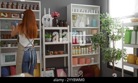 Femme rousse décorant un magasin de décoration à la maison élégant avec des décorations intérieures attrayantes, y compris des vases, des plantes et de l'art, créant un intérieur invitant Banque D'Images