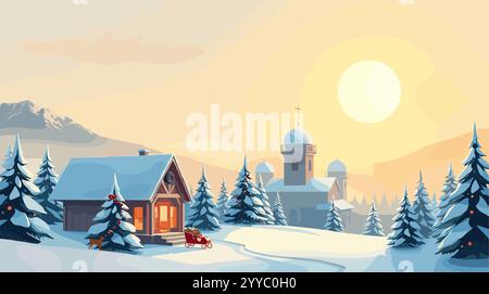Paysage enneigé d'hiver avec des maisons et des arbres Illustration de Vecteur