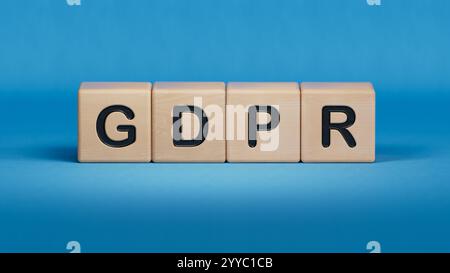 Concept gdpr d'entreprise. Main et faux sur le bloc de cube en bois.Close up des éléments en bois, Business concept.3D rendu sur fond bleu. Banque D'Images