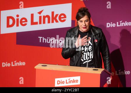 21 décembre 2024, Thuringe, Sömmerda : Mandy Eißing parle à la conférence du parti de Die Linke Thüringen au Volkshaus de sa candidature pour la position 3 sur la liste. Les délégués veulent dresser la liste des États pour les élections fédérales de 2025. Photo : Michael Reichel/dpa Banque D'Images