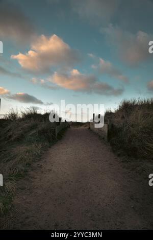 Sentier de sable à travers les dunes côtières au coucher du soleil, nuages vibrants sur un sentier de plage serein. Banque D'Images