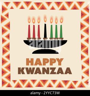 Carte de voeux colorée Happy Kwanzaa avec bougies brûlantes - conception vectorielle, modèle d'illustration avec des motifs et des couleurs traditionnels : rouge, vert et Illustration de Vecteur