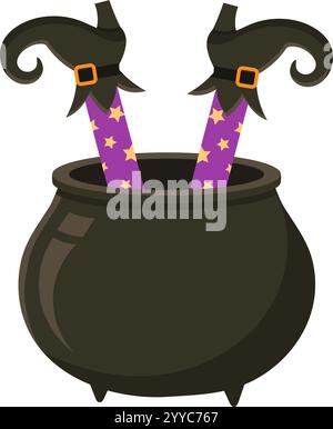Les jambes de sorcière ornées de bas violets et d'étoiles dorées étincelantes sont ludiques à l'envers à l'intérieur d'un chaudron noir, capturant un fantaisiste et effrayant Illustration de Vecteur