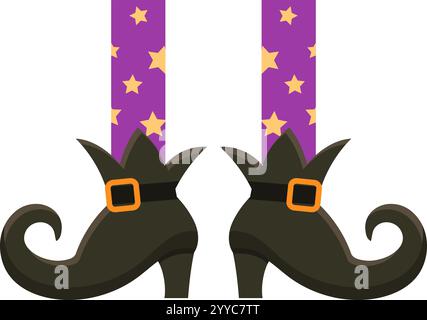 Jambes de sorcière ornées de bas violets ornés d'étoiles dorées, complétées par des chaussures classiques avec des orteils recourbés et une boucle orange, parfaites pour enhanc Illustration de Vecteur