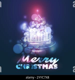 Joyeux Noël, carte de joyeuses fêtes - forme d'arbre de Noël bleu, violet et blanc fabriqué à partir de lumière spiralée brillante - conception vectorielle sur fond sombre Illustration de Vecteur