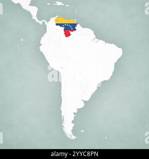 Venezuela coloré avec le drapeau sur la carte de l'Amérique du Sud avec un fond vintage légèrement rayé. Banque D'Images