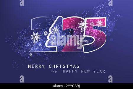 Carte de Noël et de nouvel an violet foncé, couverture ou fond, modèle de conception vectorielle avec forme d'arbre de Noël et motif de flocons de neige - 2025 Illustration de Vecteur
