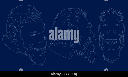 Ensemble de contours homme de Néandertal, vue avant, latérale, isométrique. Illustration vectorielle Illustration de Vecteur