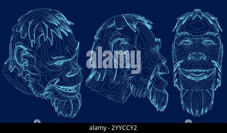 Ensemble de contours homme de Néandertal, vue avant, latérale, isométrique. Illustration vectorielle Illustration de Vecteur