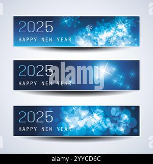 Ensemble de Noël horizontal bleu froid scintillant glacé, en-têtes de bonne année ou bannières pour le Web, modèle de conception vectorielle - 2025 Illustration de Vecteur