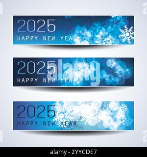 Ensemble de Noël horizontal bleu froid scintillant glacé, en-têtes de bonne année ou bannières pour le Web, modèle de conception vectorielle - 2025 Illustration de Vecteur