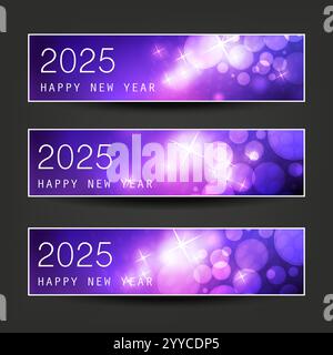 Ensemble de Noël horizontal scintillant glacé violet froid, en-têtes de bonne année ou bannières pour le Web, modèle de conception vectorielle - 2025 Illustration de Vecteur
