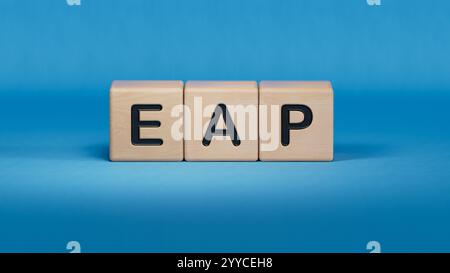 Questions et réponses eap sur les cubes en bois.Close up des éléments en bois,Business concept.3D rendu sur fond bleu. Banque D'Images