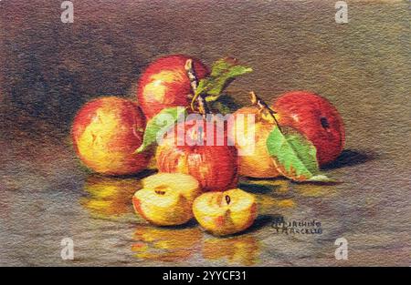 Carte postale vintage 1910-1920 avec peinture de nature morte de pommes rouges et jaunes avec une tranche en deux. Banque D'Images