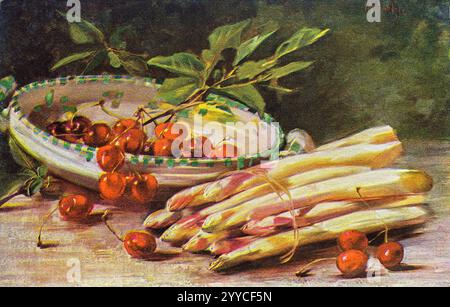 Carte postale vintage 1910-1920 avec peinture de nature morte d'un bol de cerises et d'un bouquet d'asperges blanches. Banque D'Images