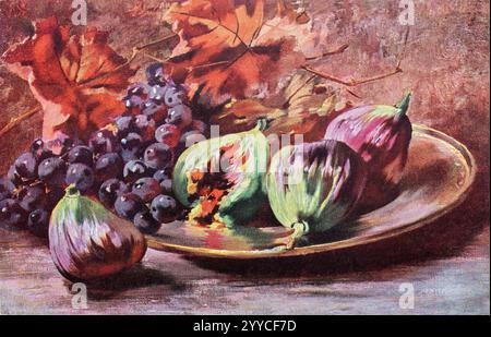 Carte postale vintage 1910-1920 avec peinture de natures mortes de figues et de raisins noirs sur une assiette. Banque D'Images