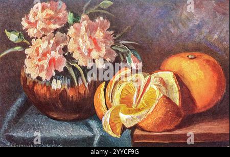 Carte postale vintage 1910-1920 avec peinture de nature morte de fruits de mandarine et de fleurs d'œillet dans un vase en poterie. Banque D'Images